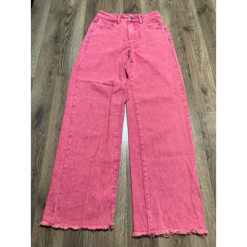 Cider Jeans Women Size XS Pink Pants Wide Leg Raw Hem High Rise Denim